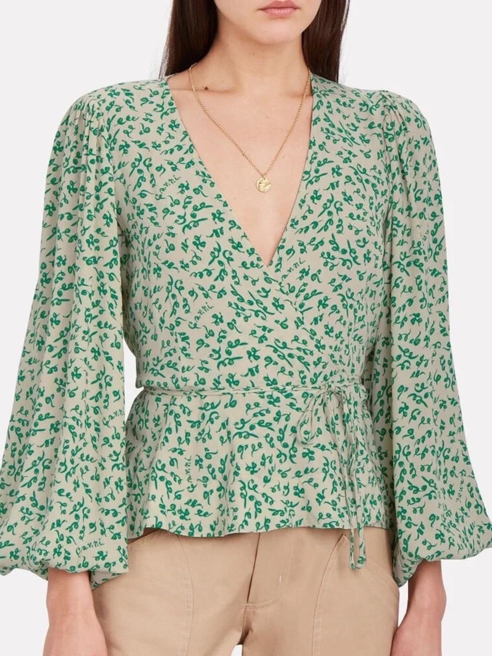 Ganni Cream Leaf Print Crepe Wrap Blouse In Green Size 2
